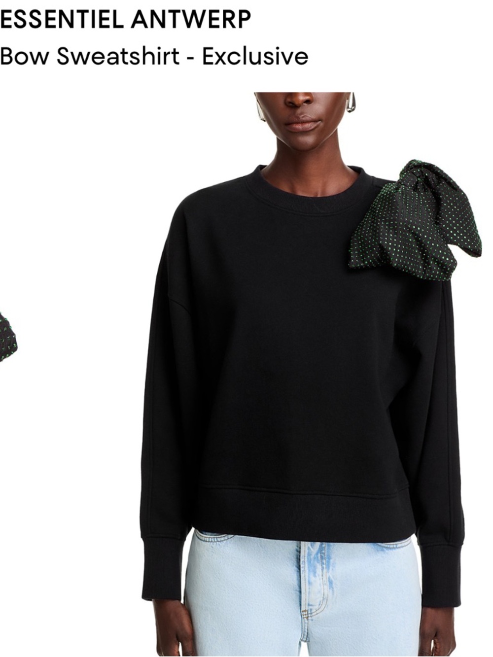 Essentiel Antwerp Black Women's Crewneck Sweatshirt with Sparkly Shoulder Bow